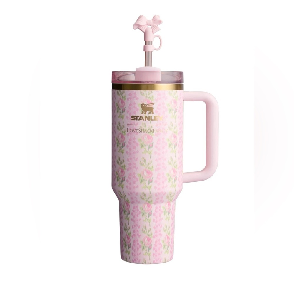 LoveShackFancy Pink Floral Tumbler with Gold Logo